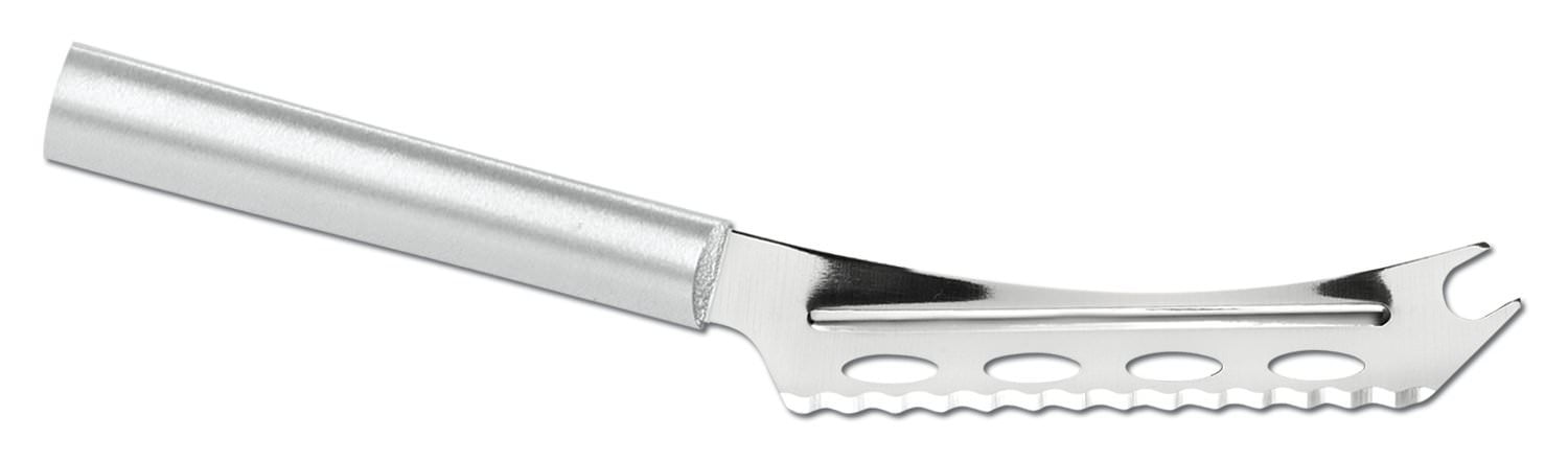 Rada Serrated Cheese Knife, Stainless Steel, Hand-Sharpened, 5.25 inch Forked Tip, Cutout Blade Knives, Aluminum Handle