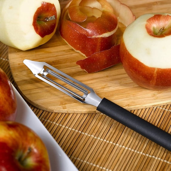 Rada Stainless Steel Vegetable Peeler, Razor Sharp Swiveling Blade follows Veggie Contours, Durable Black Resin Handle
