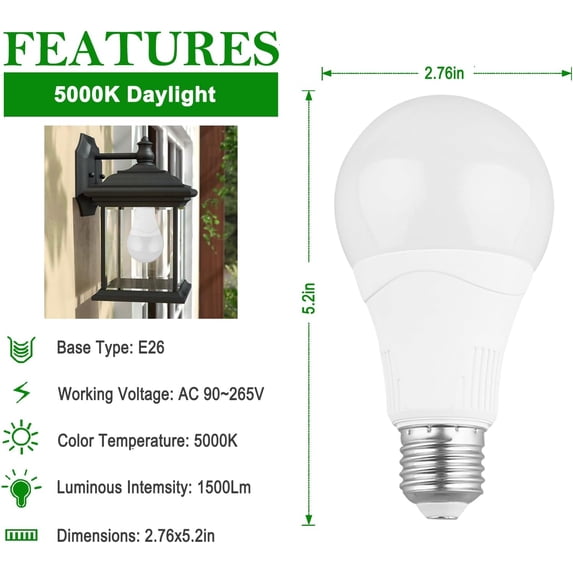 Radar Motion Sensor Light Bulbs, 5000K Daylight A21 E26 Base 15W(100W Equivalent)1500Lm, Outdoor Motion Light Bulbs Dusk to Dawn Photocell Sensor Auto on/Off for Front Door, Garden, Roadside(2Pack)