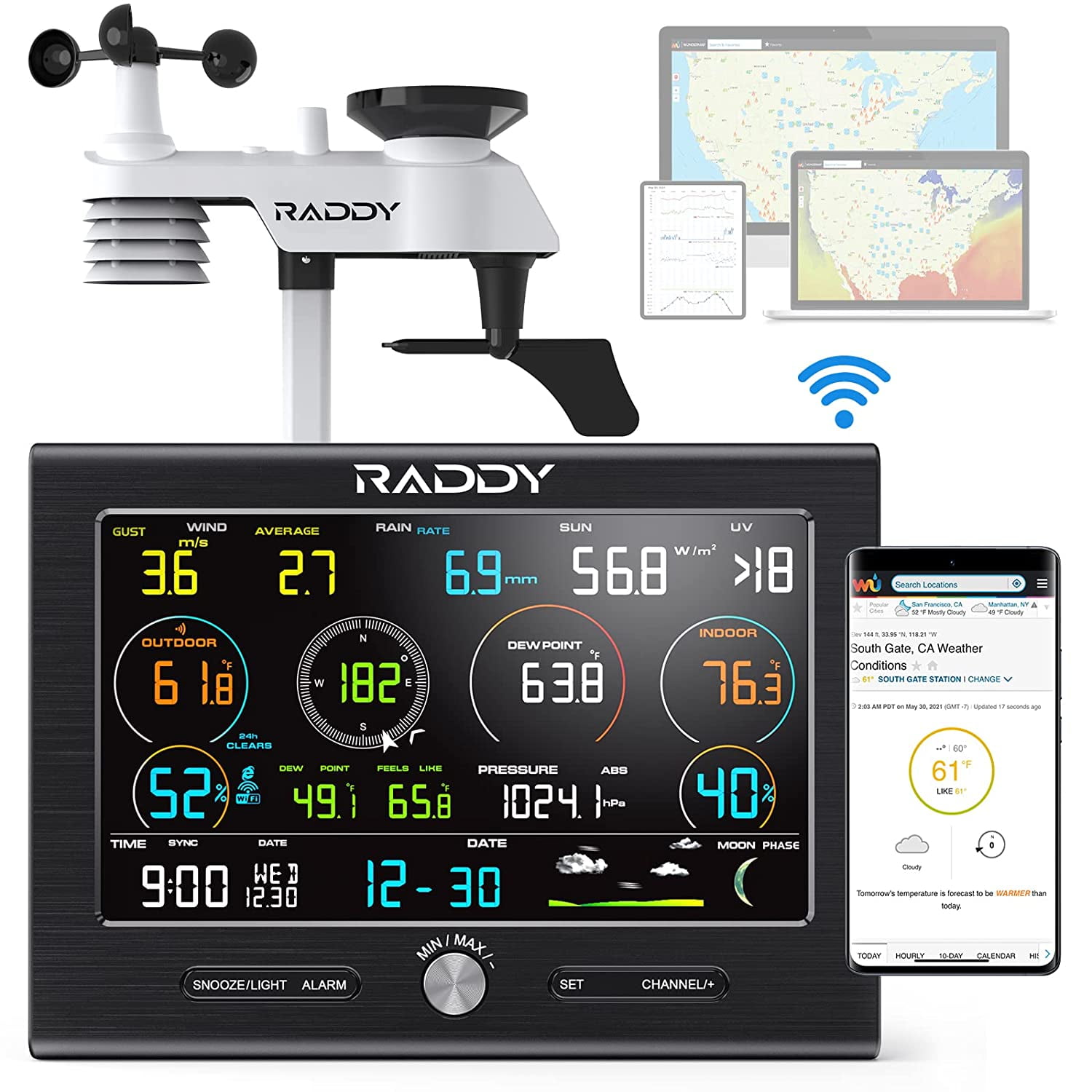 Raddy L7 LoRa Professional Wifi Weather Station | 1.9 Miles Long Range | 7.2" Large Display | Wireless Indoor/Outdoor Weather Station for Garden, Greenhouse, Farm