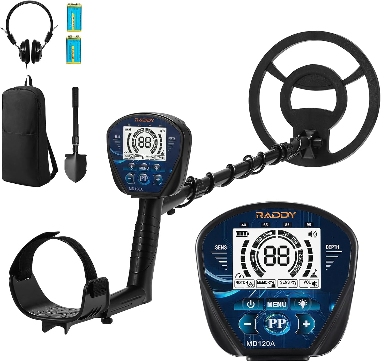 Raddy MD120A Professional Metal Detector for Adults, High Accuracy Gold Metal Detectors with 4 Modes, 10" IPX7 Waterproof Search Coil, LCD Backlit Display, Headphone, Bag, Shovel for Treasure Hunting