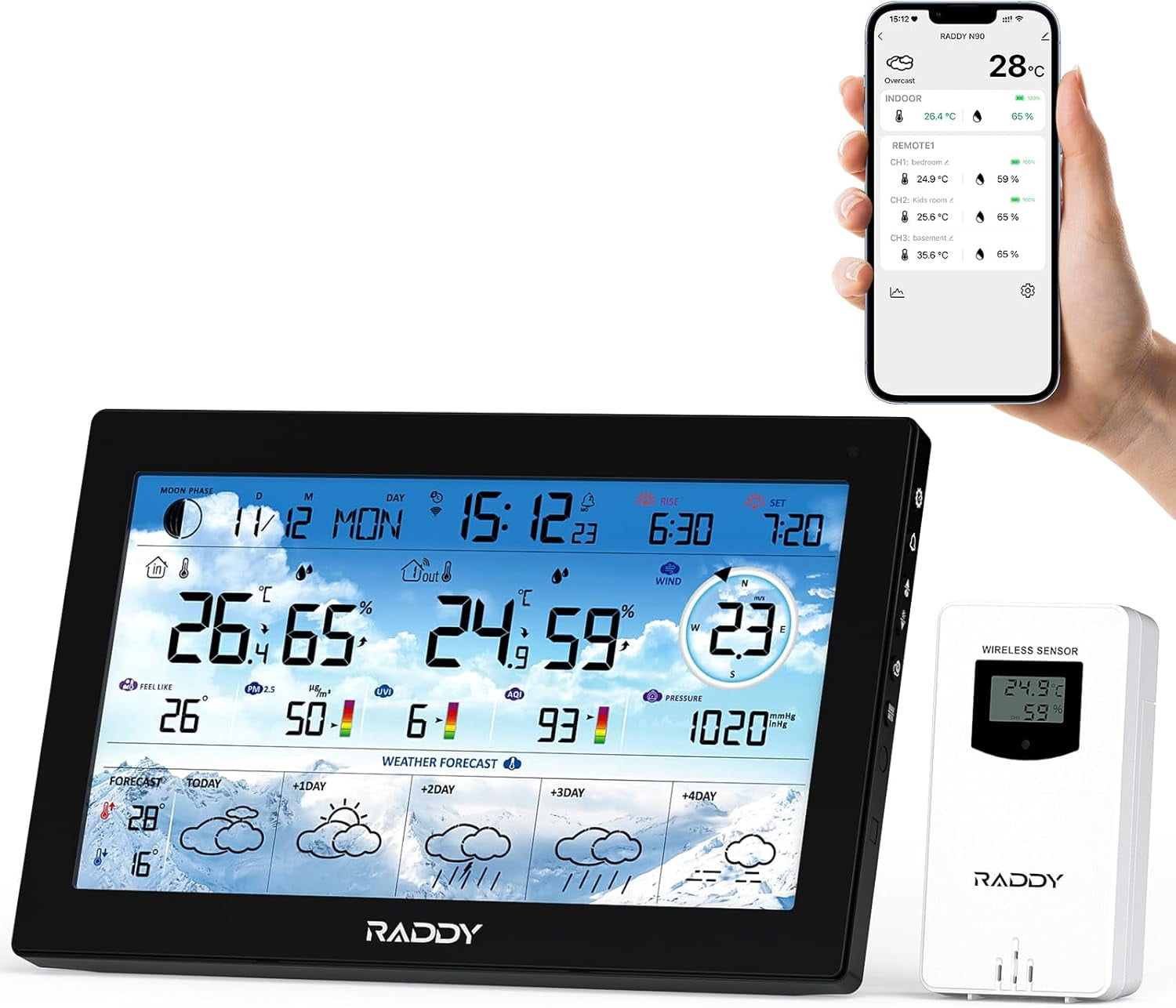 Raddy N90 Wi-Fi Weather Station with 8.8" Display, Smart App Connectivity, Indoor Outdoor Thermometer with Wireless Sensor