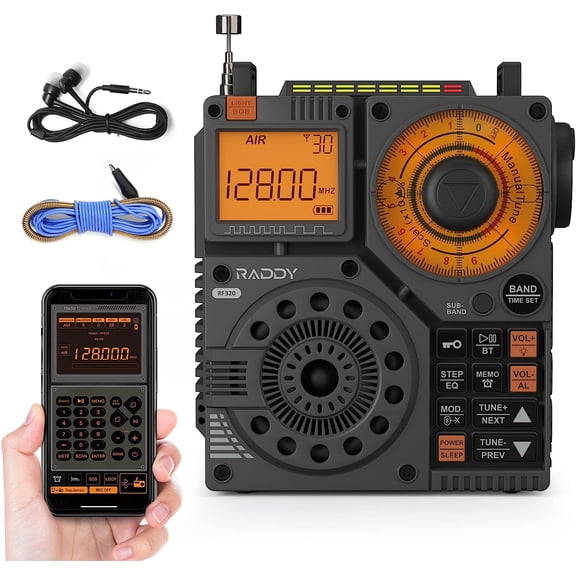 Raddy RF320 Bluetooth Battery DSP Portable AM/FM/AIR/VHF/SW/WB Radio with Antenna, Black