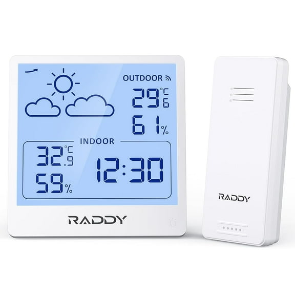 Raddy WF-50T Indoor Outdoor Thermometer Hygrometer Wireless Weather Station, Battery Powered Temperature & Humidity Monitor with 5.0 Display, Weather Forecast, Wireless Remote Sensor (White)