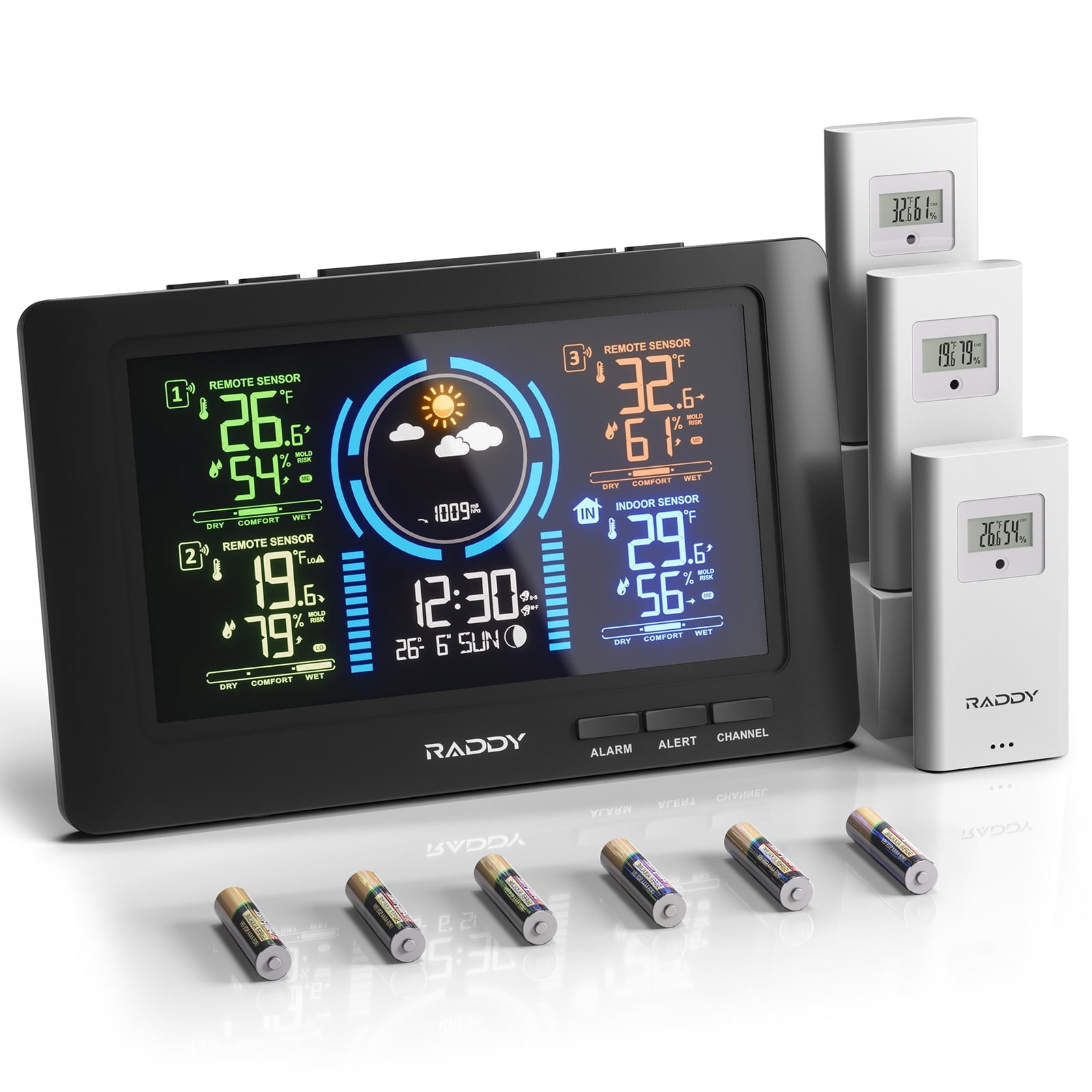 Raddy WF-80C Weather Station with 3 Remote Sensors, 7.5" Large Color Display, Monitoring Temperature, Humidity, Barometric Pressure with Weather Forecast, Moon Phase, Atomic Clock, Alarm Clocks