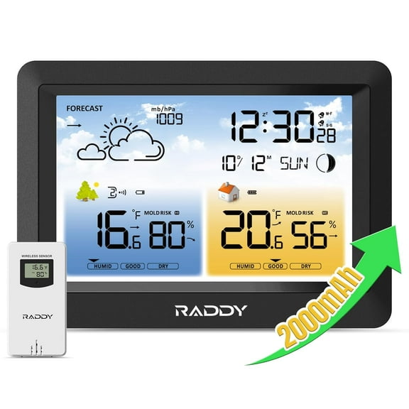 Raddy WM6 Weather Station with 2000mAh Rechargeable Battery, Wireless Indoor Outdoor Thermometer Hygrometer Barometer with Atomic Clock Weather Forecast for Home Use, Black