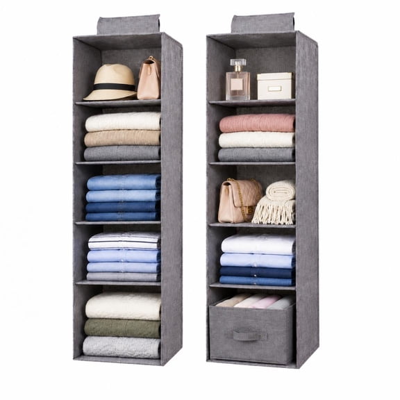 Radetop 2 Pack 5 Tier Hanging Closet Organizer with 1 Drawer, Fabric Storage Shelves for Clothes and Accessories, Space Saving Wardrobe Organizer