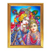 Radha Krishna Indian God Photo With Golden Frames For Pooja And Wall Gift House Warming Office Living Room Table Temple 7.8 X 11.4