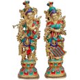 thumbnail image 1 of Radha Krishna Statue Large,30 in Big Size Brass Divine Couple Radha Krishna Idol, Home Entrance Decor, Multicolor Studded Work Golden Brown Finish Sculpture Anniversary Hindu Marriage (Orange), 1 of 1