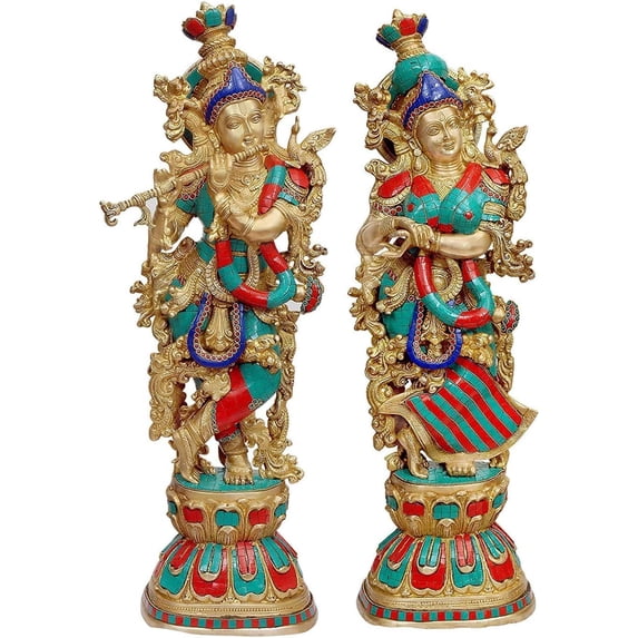 Radha Krishna Statue Large,30 in Big Size Brass Divine Couple Radha Krishna Idol, Home Entrance Decor, Multicolor Studded Work Golden Brown Finish Sculpture Anniversary Hindu Marriage (Orange)