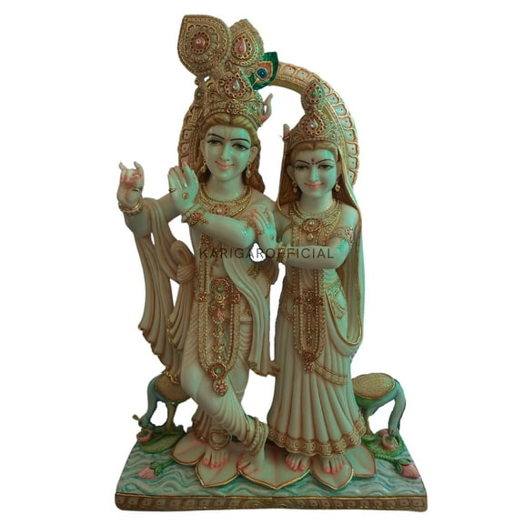 Radha Krishna Statue, Large 5 Feet Special Gold leaf Work Radha Krishna Marble Murti, Divine Hindu Couple Handpainted Radha Krishna Idol, Home Temple Pooja Housewarming Anniversary Gifts Sculpture