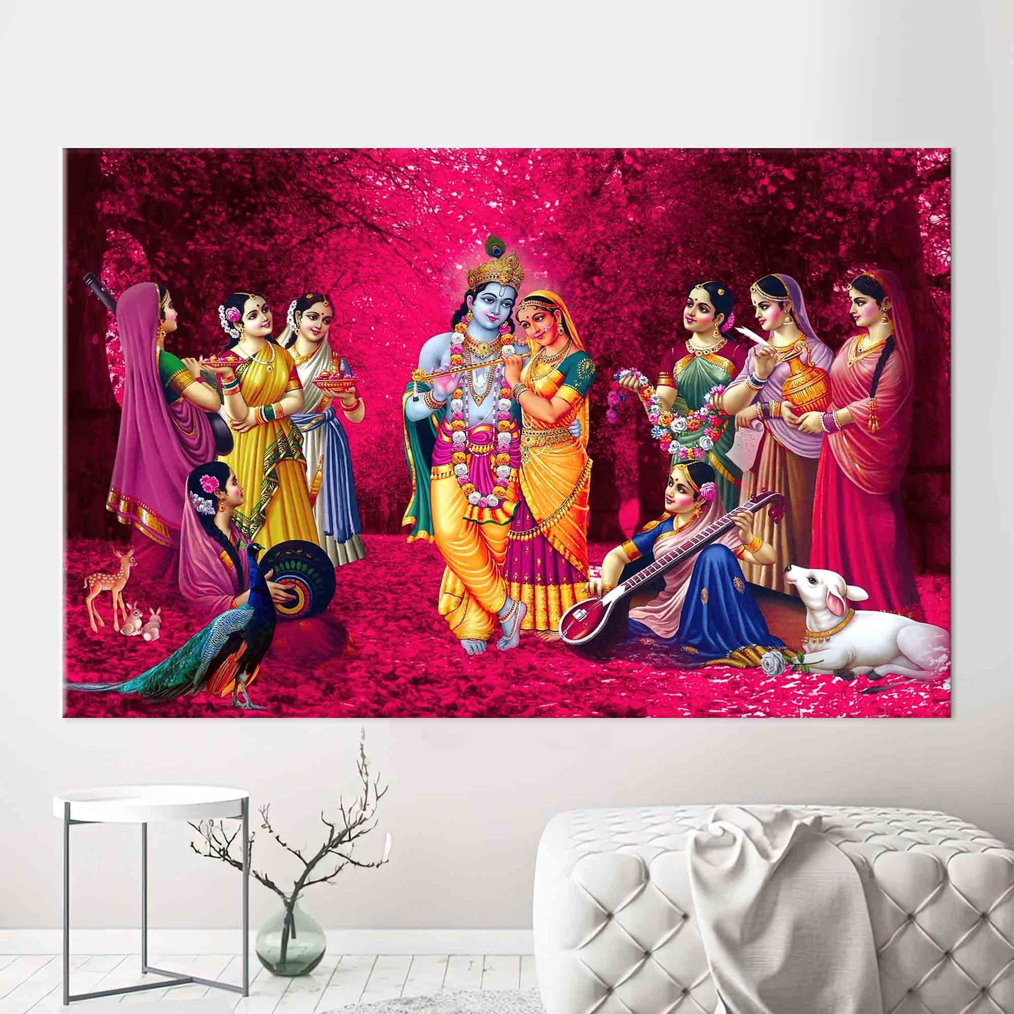 Radha Krishna Wall Decor, Hindu Printed Canvas, Indian Canvas Poster