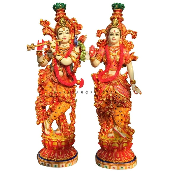 Radha Krishna statue,Large 15" Marble Radha Krishna idol,Pink Garland DivineLove couple figurine,Handpainted Multicolor Murti,Wedding Housewarming Anniversary Gift Sculpture(Radha Krishna)