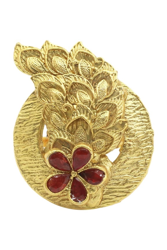 Antique Gold Plated Red Color Kempu Stone Studded Adjustable Peacock Design Finger Ring