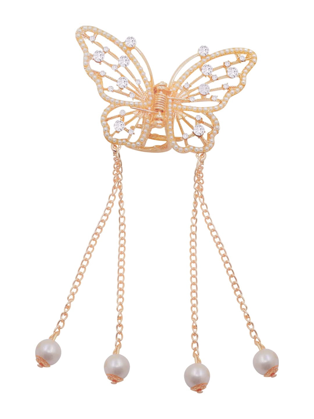 Radhna Crystal Pearl & Stone Rose Gold Plated Butterfly Hair Clip Tassels Hair Pins Shine Party Jewellery - Hair Clips For Girls & Women Pack of 1