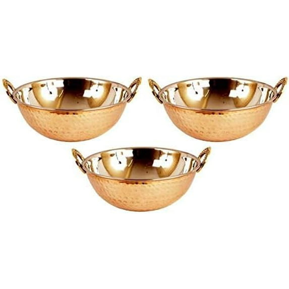 Radhna Indian traditional Hotel Restaurant Serving Work Inner Stainless Steel kadai with Copper Bottom Urli Pack of 3