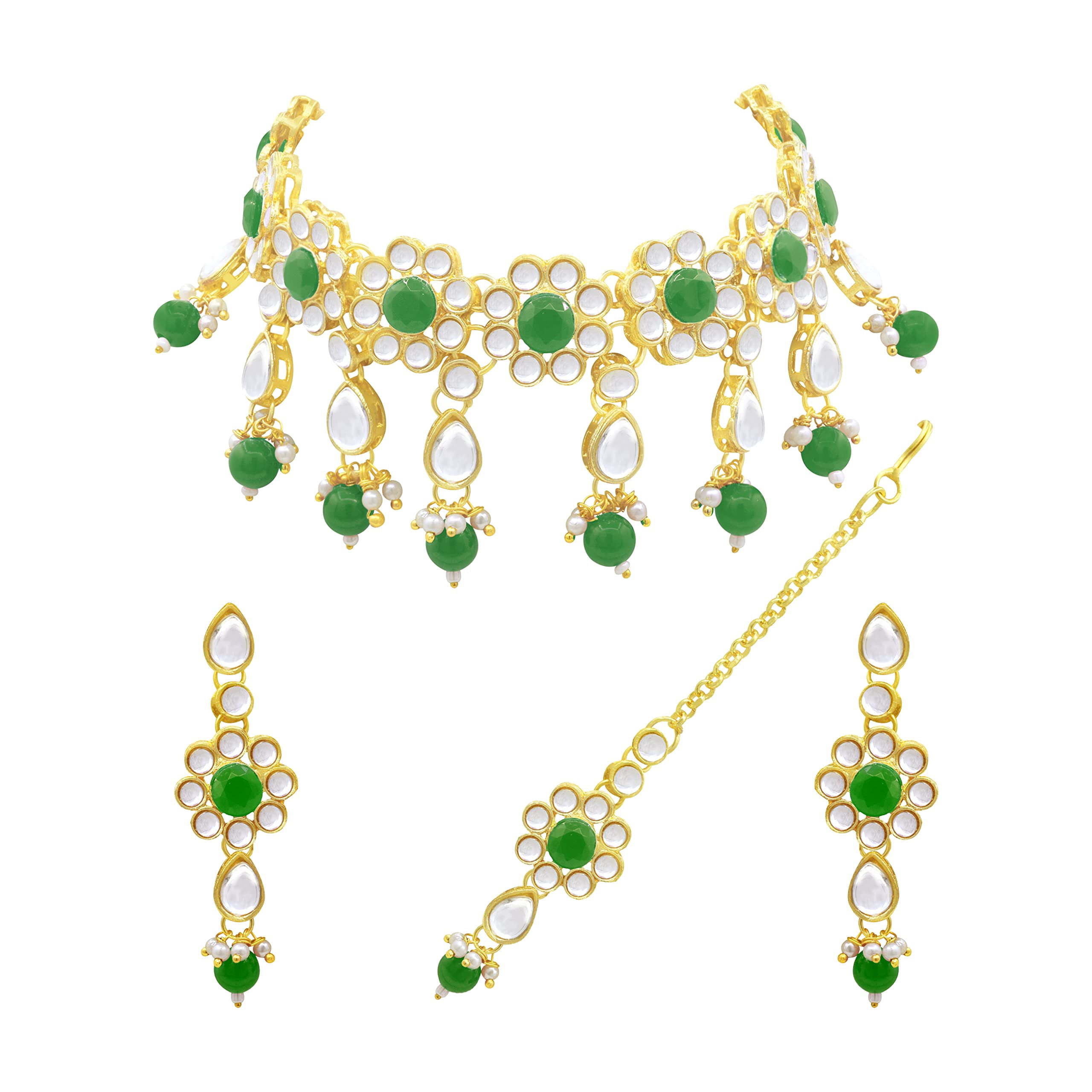 Aheli Traditional Kundan Jewellery Set For Women - Gold Plated Choker, Jhumki Earrings & Maangtikka (Green) - View #6