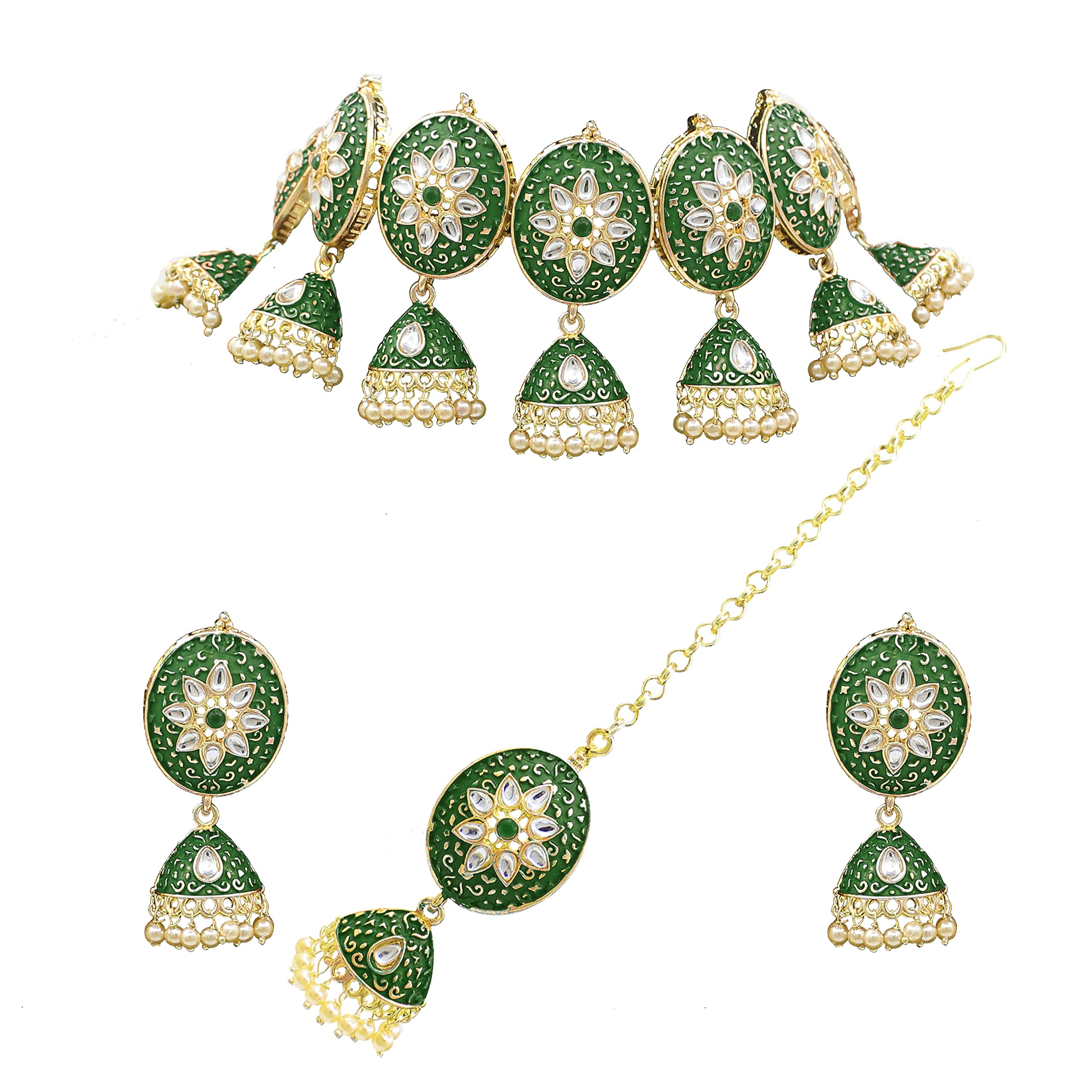 Aheli Gold Plated Green Kundan Jewelry Set – Necklace, Earrings & Maangtikka For Women