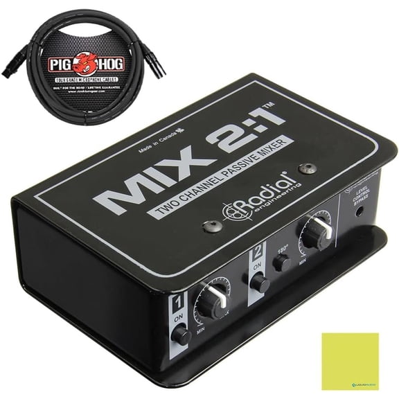 Radial Engineering Mix 2:1 Two-Channel Audio Combiner & Mixer Bundle with Pig Hog 10ft Microphone Cable and Liquid Audio Instrument Polishing Cloth - 2 Channel Mixer, Audio Merger