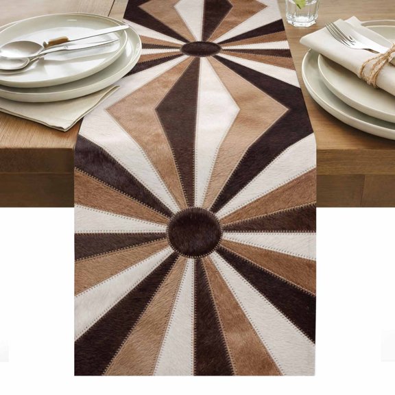 Radial Patchwork Cotton Linen Table Runner Country Abstract Beige Brown Cream Symmetrical Rays Dining Table Runners for Home Decor Party Dining Room Restaurant Kitchen Party 13" x 36"