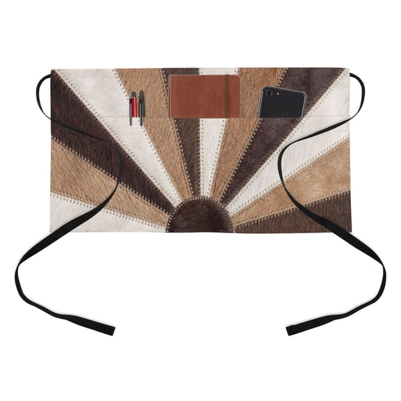 Radial Patchwork Kitchen Restaurant Half Waist Apron, Country Abstract Beige Brown Cream Symmetrical Rays Server Short Apron with 3 Pockets Waterproof Oil Waist Aprons for Women Waitress Waiter