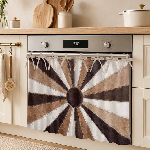 Radial Patchwork Oven Skirt Curtain, Country Abstract Beige Brown Cream Symmetrical Rays Tie Top Tier Curtains Stove Dishwasher Skirt Small Window Drapes for Kitchen Bathroom Cafe 27"x20"