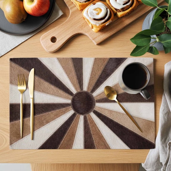 Radial Patchwork Placemats Set of 4, Country Abstract Beige Brown Cream Symmetrical Rays Heat Insulated Linen Place Mats, Washable Stain-Proof Table Mats for Dining Tables Holiday Decor 13x19 Inches