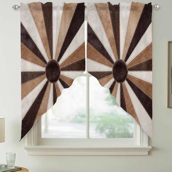 Radial Patchwork Swag Kitchen Curtain Valances, Country Abstract Beige Brown Cream Symmetrical Rays Rod Pocket Curtains Window Treatment Decor Valances for Bedroom Bathroom, 2 Panels 36 x 36 Inch
