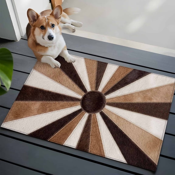 Radial Patchwork Washable Entry Rug 2x3 Country Abstract Beige Brown Cream Symmetrical Rays Low Pile Indoor Door Mat with Rubber Backing Thin Area Rug for for Entrance, Bedroom, Kitchen, Bathroom