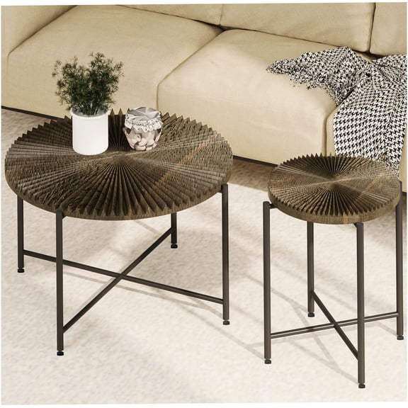 Radial Pattern Coffee Table and End Table Set, Waterproof MDF Top with PVC Cover, Distressed Cylindrical Design, Black Metal Legs, Classic Rustic Charm, Dark Walnut Finish