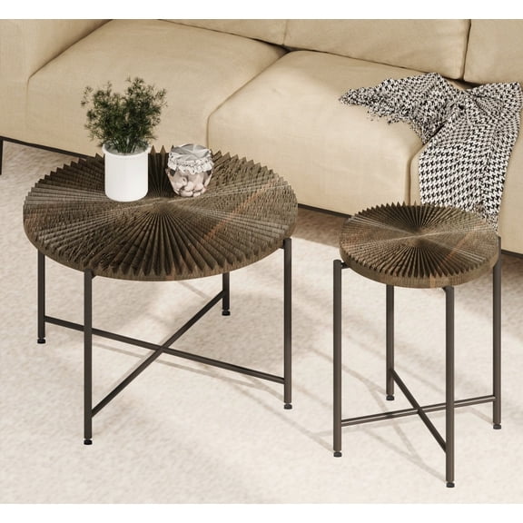 Radial Pattern Coffee and End Table Set – MDF/PVC, 31.4"D x 18.9"H Coffee, 18.9"D x 23.6"H End, Black Metal Legs, Dark Walnut Charm