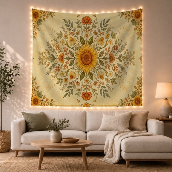 Radial Sunflower Mandala in a Distressed Parchment Background, Nostalgic Folk Art for Flower Lovers, Botanical Wall Decor Housewarming Gift Tapestry Wall Hanging for Bedroom and Living Room