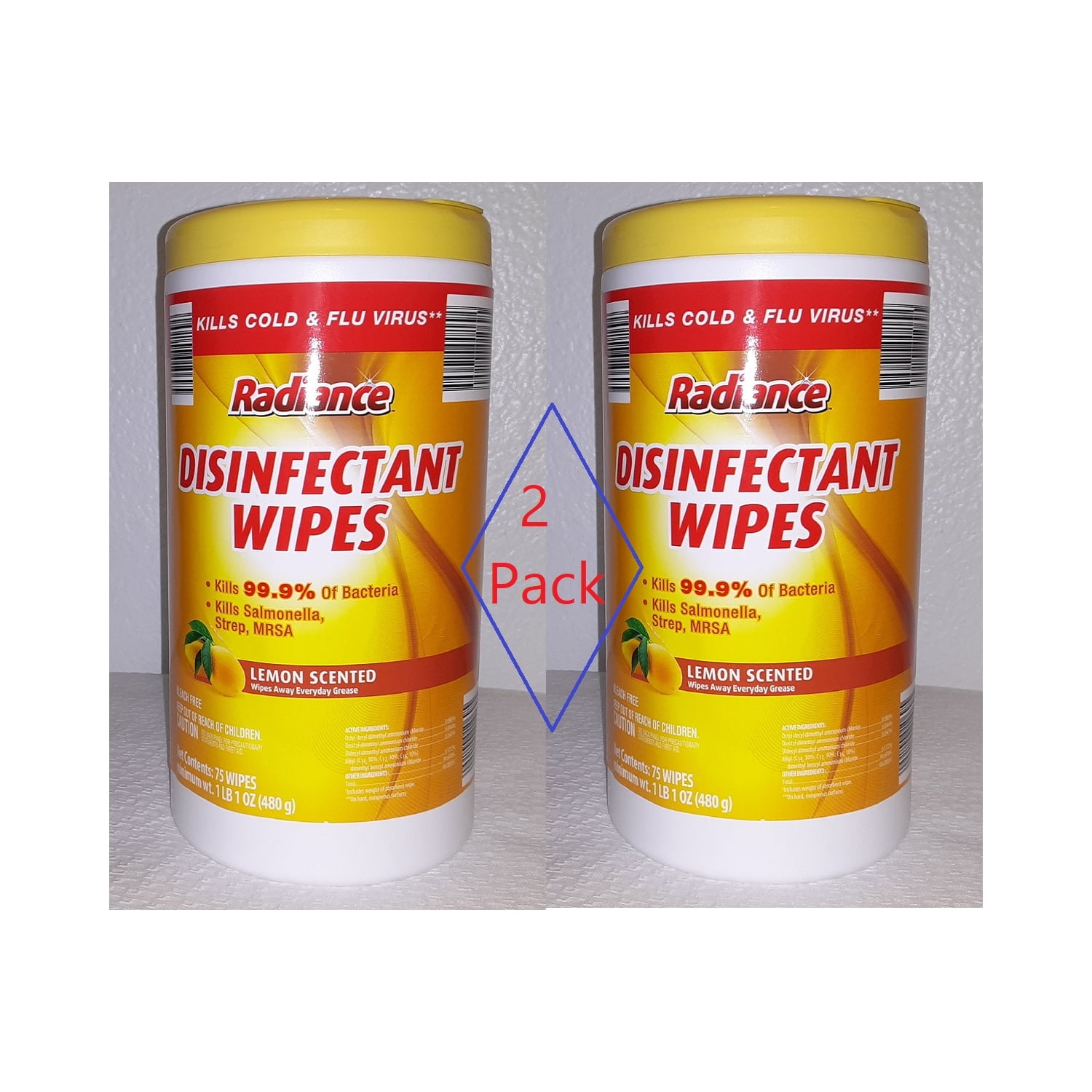 Radiance Disinfectant Wipes 2Pack of 75 disinfecting wipes Lemon