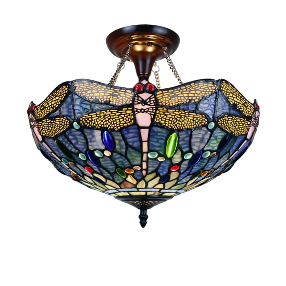 Radiance Goods Dragonfly Tiffany-Style Dark Bronze 2 Light Semi-Flush Ceiling Fixture 16" Wide