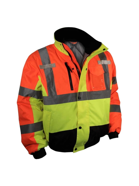 SJ12-3ZMS Type R Class 3 High Visibility Insulated Multi-Color Warm Winter Reflective Safety Bomber Jacket - Hi Vis Lime Green & Orange, 2XLARGE
