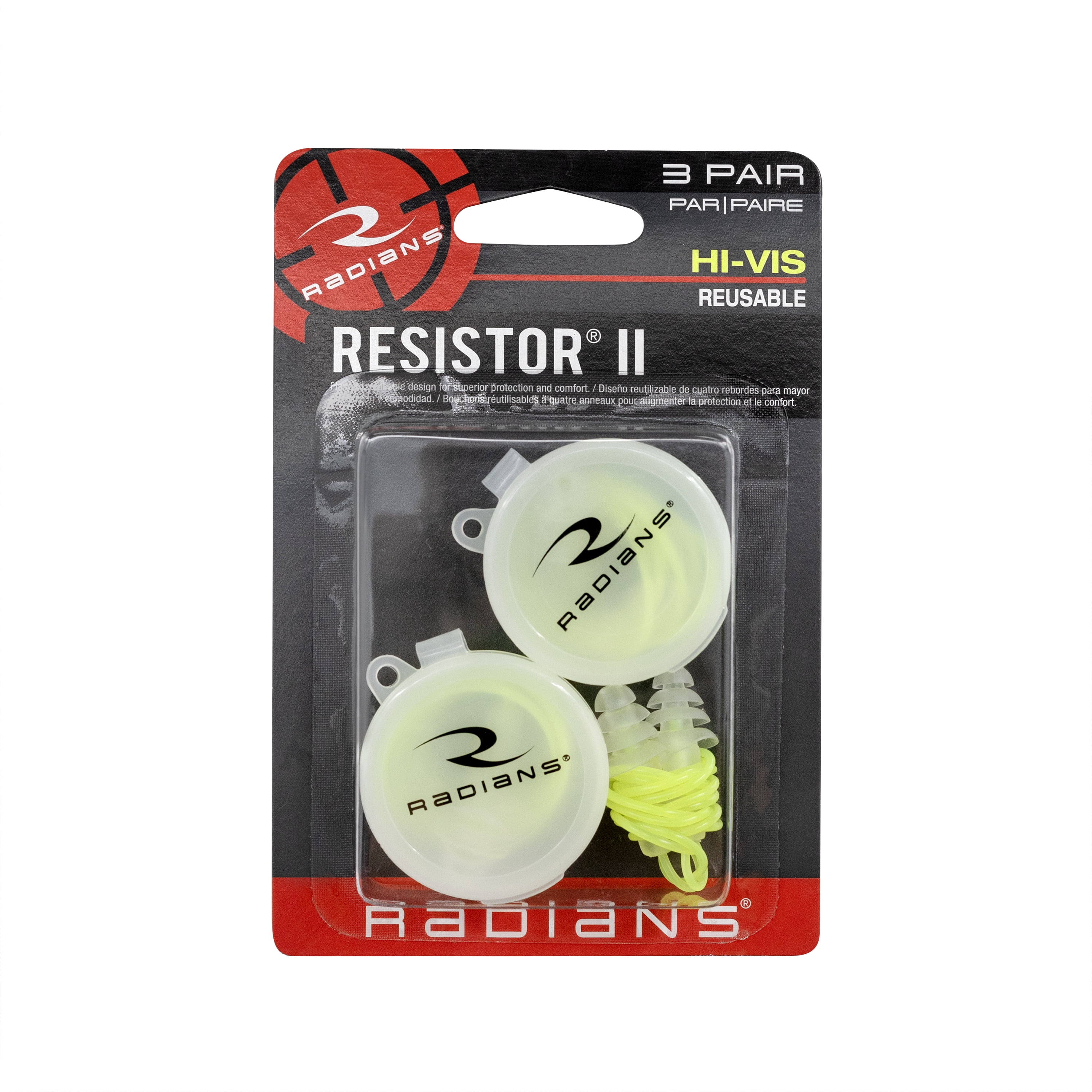 Radians Resistor II Ear Plugs, 3 Pair of Corded Earplugs with 2 Carrying Cases, High Visibility