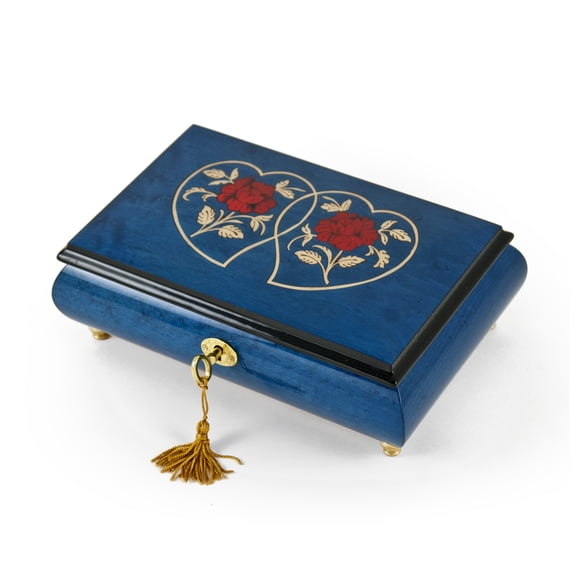 Radiant 18 Note Dark Blue Double Heart with Red Roses Inlay Music Jewelry Box - Ave Maria, Schubert