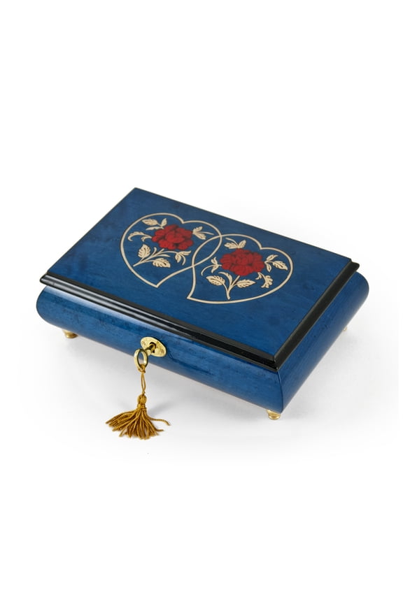 Radiant 18 Note Dark Blue Double Heart with Red Roses Inlay Music Jewelry Box - Ave Maria, Schubert