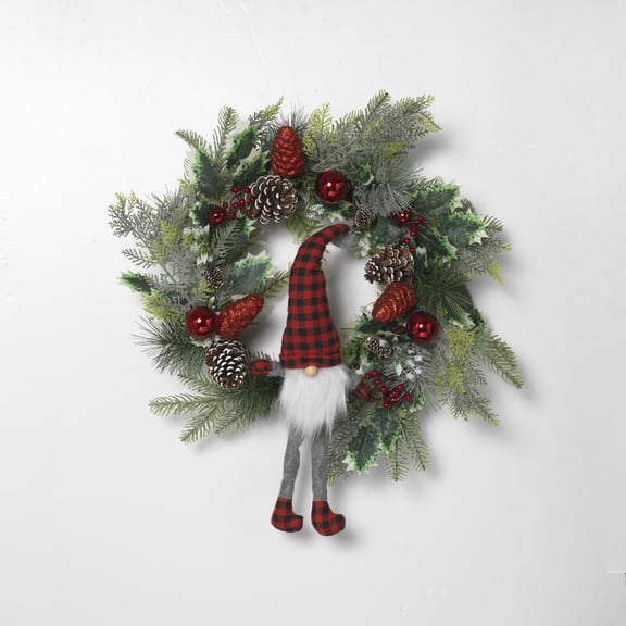 Radiant 24 in Holiday Pine and Pinecone Wreath with Gnome and Ornaments
