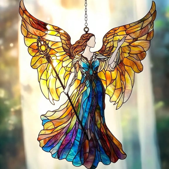 Radiant Angel Acrylic Suncatcher Window Hanging Faux Stained Glass Guardian Angel Decor Spiritual Gift for Women, Light Symbol