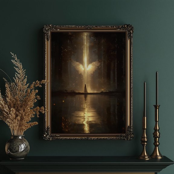 Radiant Angel Descending In Poster Forest Art Ethereal Heavenly Light Scene , Poster Print Only