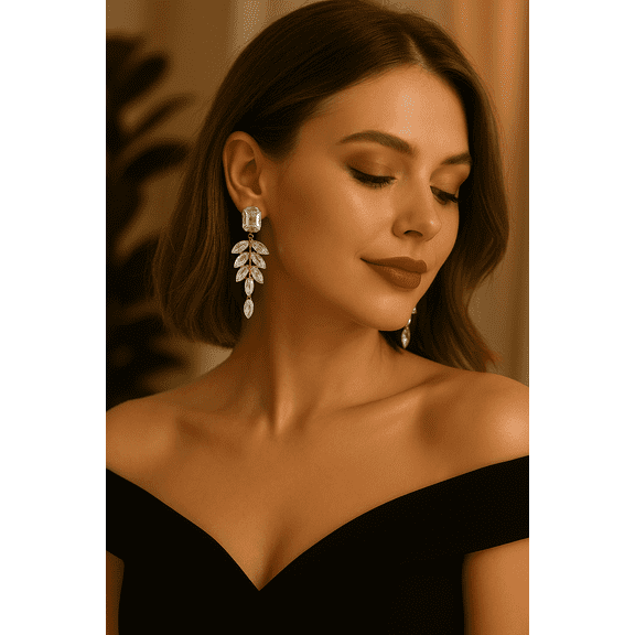 RubyLee Elegance Leaf Drop Hoop Crystal Nature Floral Earrings, Stainless Steel, 2 Count per Pack