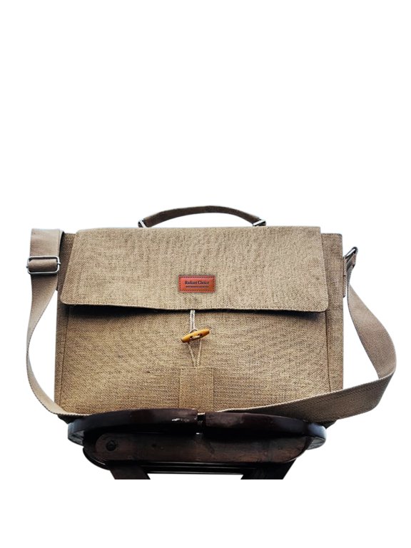 Eco-Friendly Jute Office & Messenger Bag with Magnetic and Wooden Toggle Closure Durable Handmade Laptop & Work Bag with Adjustable Strap, Natural Brown