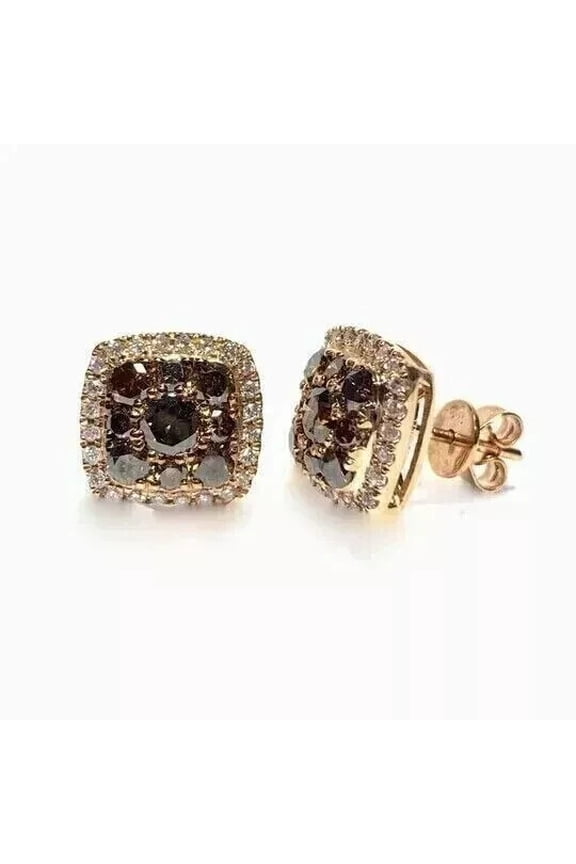 4 mm Round Cut Brown Diamond Womens Stud Earrings 14K Rose Gold Plated