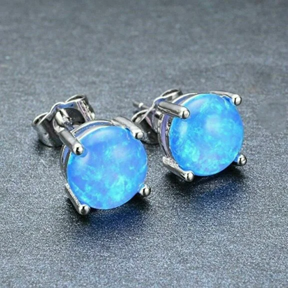 Radiant Collections Round Cut Blue Fire Opal 6x6 MM, 925 Sterling Silver Stud Earrings, October Gemstone
