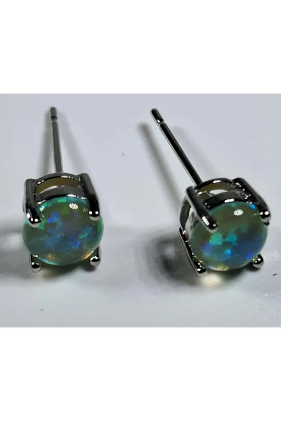 Round Shape Blue Fire Opal 6x6 MM, 925 Sterling Silver Stud Earrings, October Gemstone