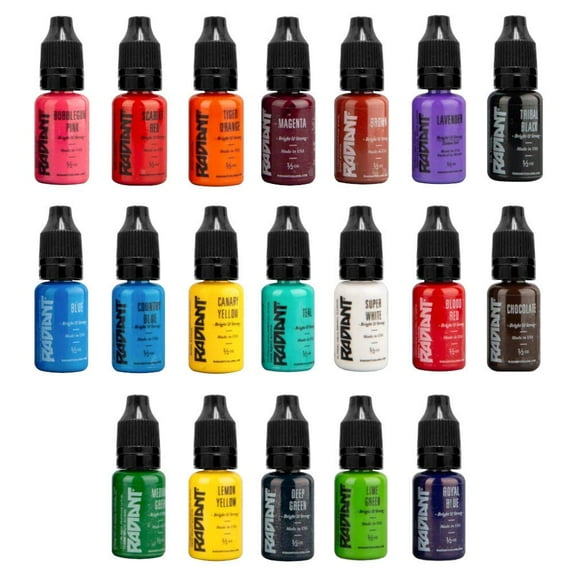 Radiant Colors 19 Popular Colors Tattoo Ink Set - Tattooing Inks Fluid Vegan Pigments 19 x 1/2oz Bottles