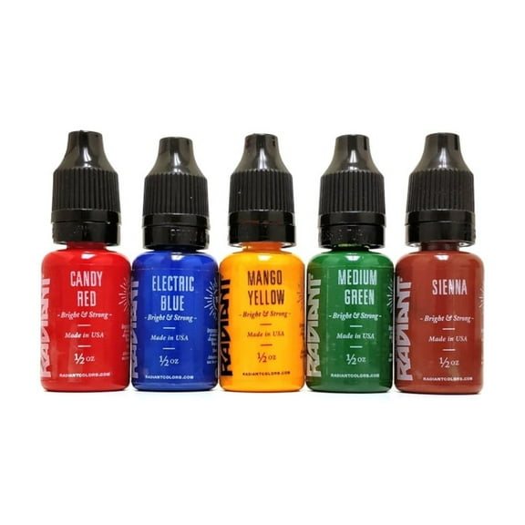 Radiant Colors 5 Colors Traditional Tattoo Ink Set - Tattooing Inks Fluid Vegan Pigments 5 x 1/2oz Bottles