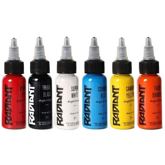 Radiant Colors 6 Popular Colors Tattoo Ink Set - Tattooing Inks Fluid Vegan Pigments 6 x 1/2oz Bottles