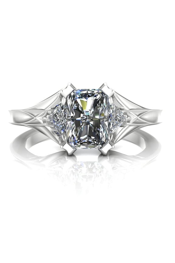 Radiant Cut Diamond Ring, Three Stone Diamond Engagement Ring, Trillion Diamond Ring, Past Present Future Diamond Ring, Split Shank Ring, 2.3 Ct Simulated Diamond, 925 Sterling Silver